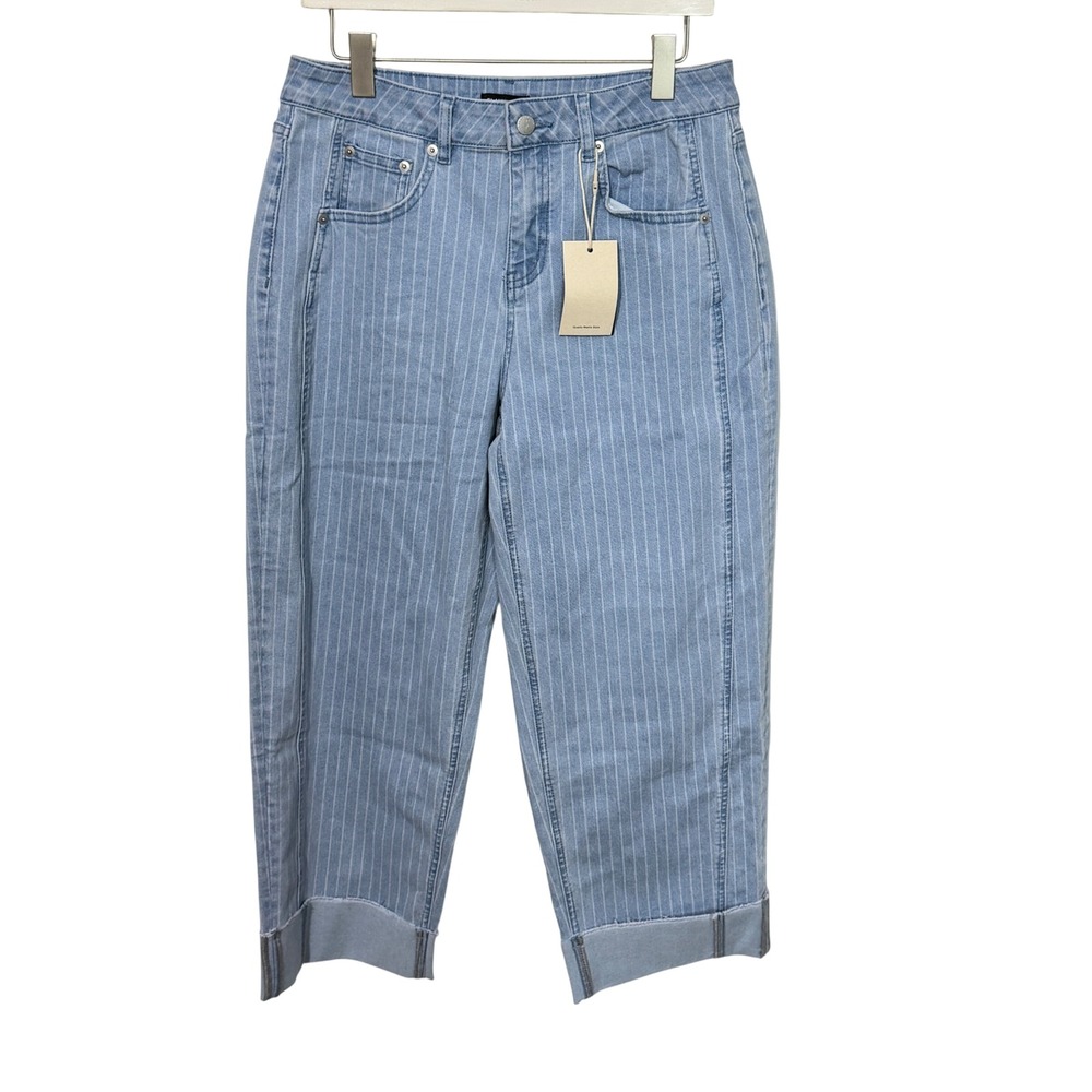 Flamingals Pinstripe Jeans Womens Large Blue Cuffed Cropped High Rise Pants